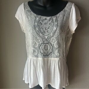 American Eagle Outfitters Lace Sheer Top- Lace -Beads -Skirted Hem -Size: L